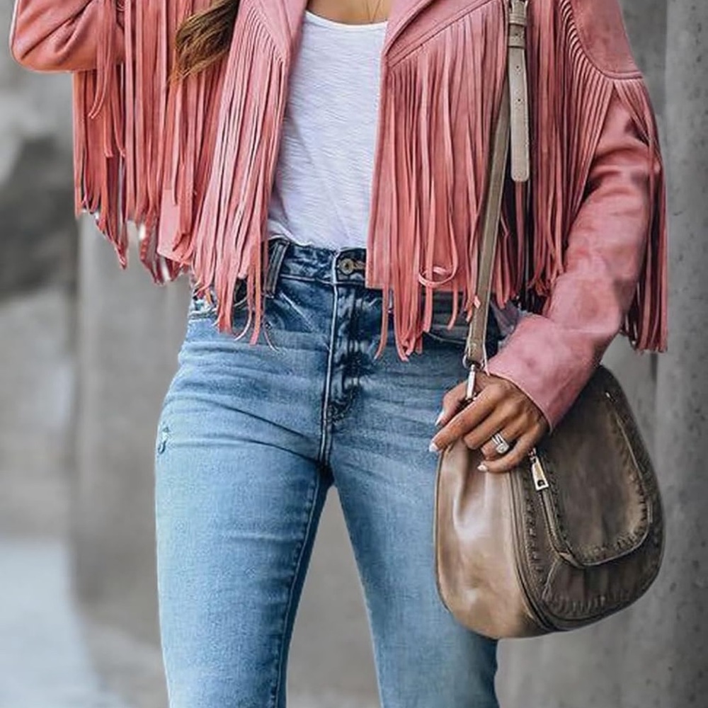 Fringe Suede Cropped Jacket - Pink - Picture 4 of 8
